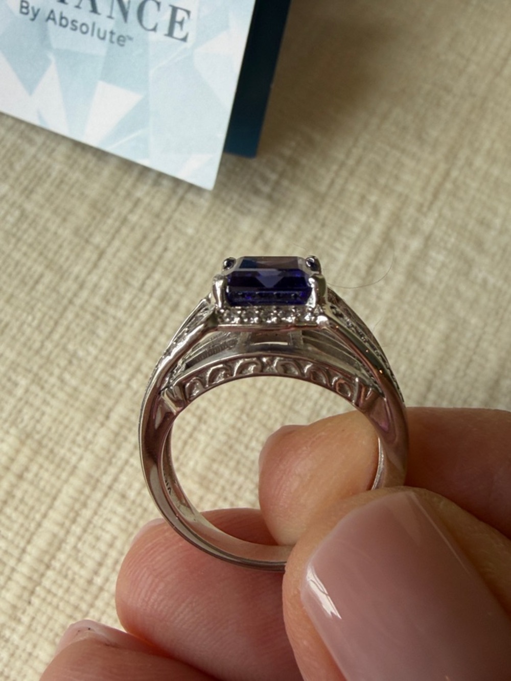 Simulated Sapphire Blue Cocktail Ring in Sterling Silver, Like New. Size 8 - Picture 3 of 6